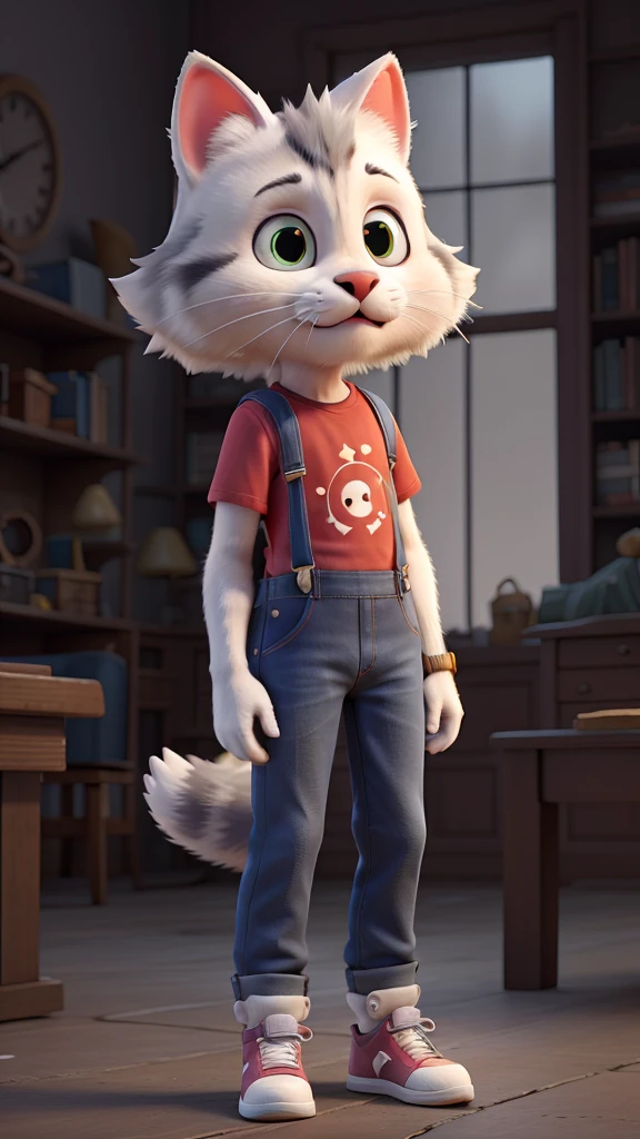 3D cartoon cat, with sleek light grey fur, wearing a red t-shirt, denim overalls, and white sneakers, standing outside a spooky, old library with a dark and cloudy sky.