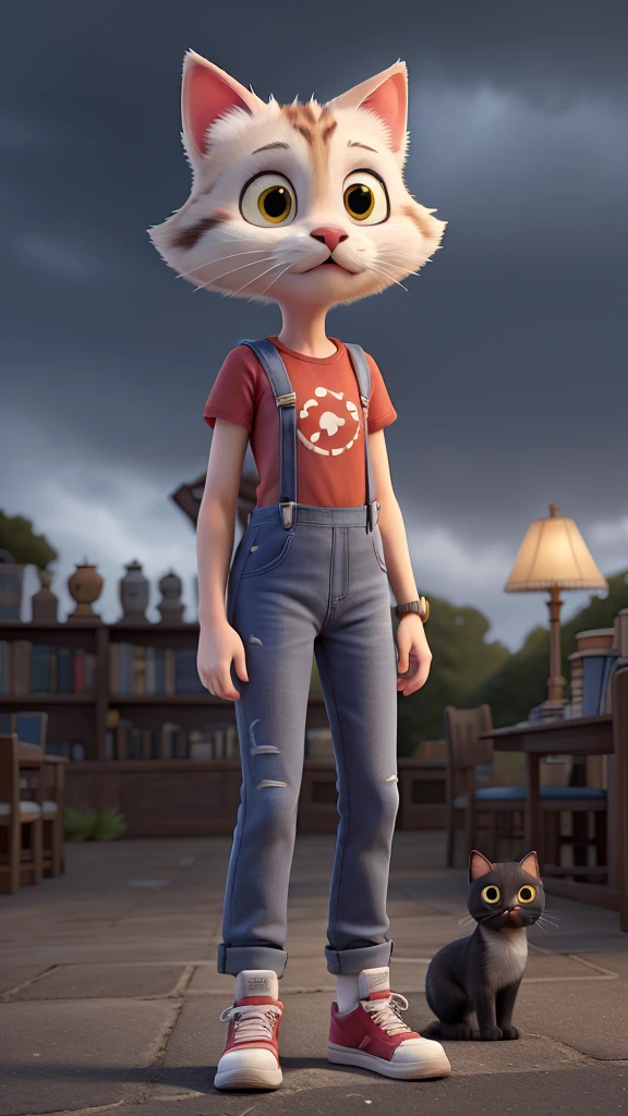 3D cartoon cat, with sleek light grey fur, wearing a red t-shirt, denim overalls, and white sneakers, standing outside a spooky, old library with a dark and cloudy sky.