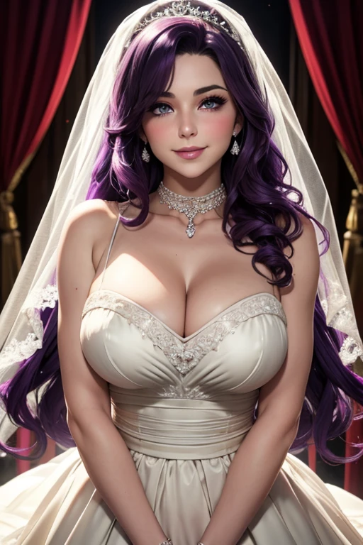 Beautiful woman housewife with wavy purple hair light eyes firm body perfect breasts blushing face cheerful tender blushing cheeks smile charming in wedding dress veil choker sweetheart neckline 