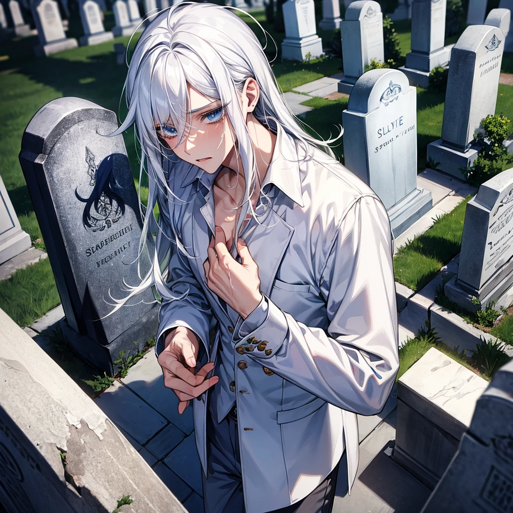 best quality, Masterpiece,white hair, blue eyes, young man, Slippery hair,grave,cry
