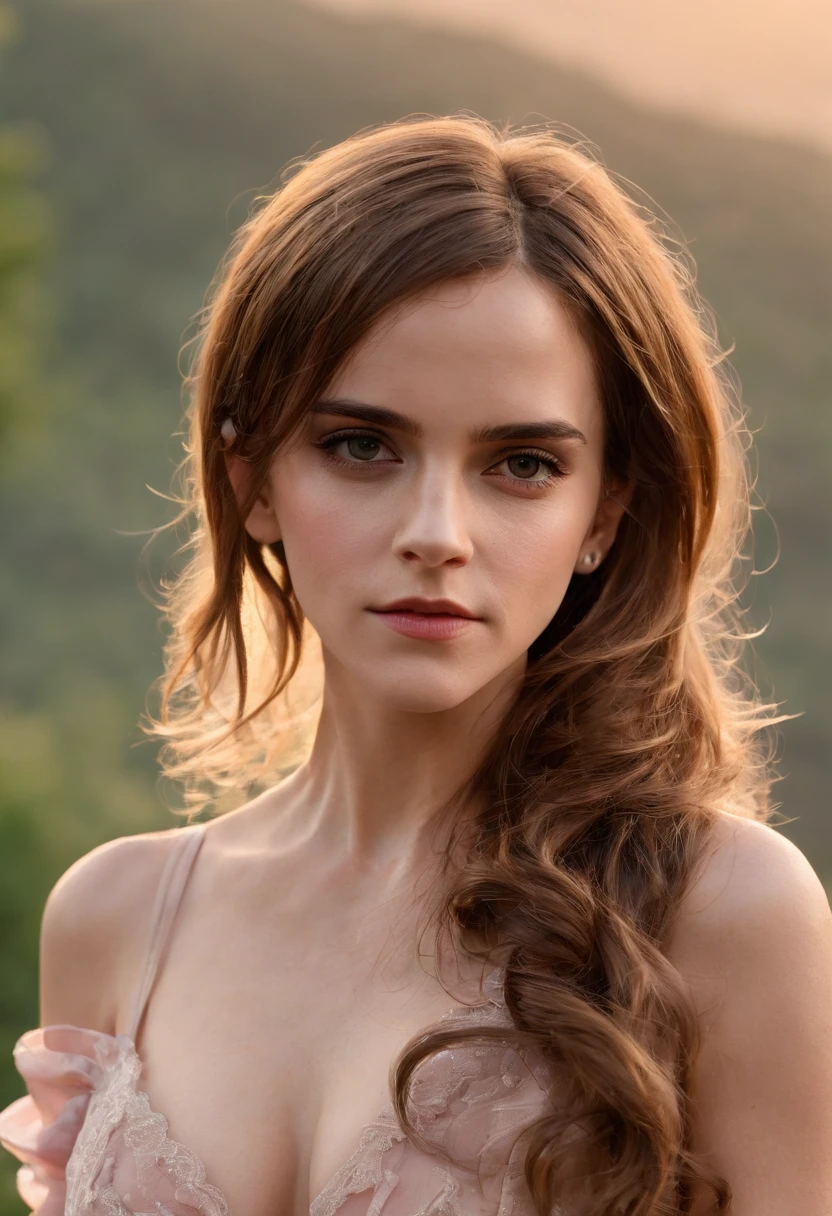 Emma Watson sexy cleavage dress, (oily skin:1.3), no bra, pokies, swelling, low cut neckline, enough cleavage, seductive, cowboy shot, 8k, exposed breast, big breast, (big breast:1.5) , (waist very thin:1.3), hourglass figure, (long hair:2.0) out door fantasy,trees, rocks, grass, lake, pink sky.
