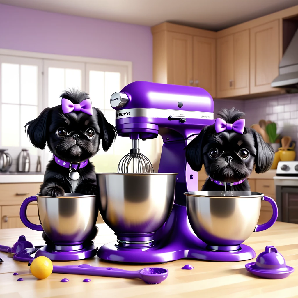 2 Adorable small black Shih Tzu puppies wearing purple collars using kitchen aid mixer making a mess in Disney kitchen 3d cartoon, 3d render, disney pixar style