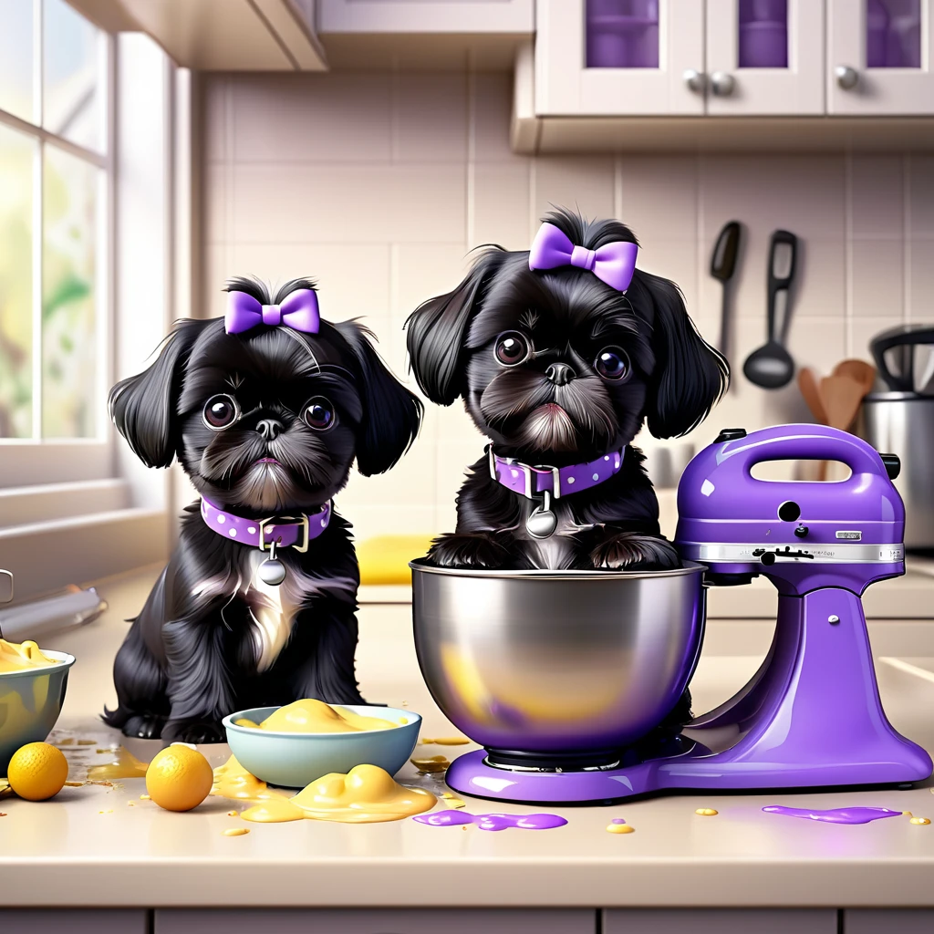 2 Adorable small black Shih Tzu puppies wearing purple collars using kitchen aid mixer making a mess in Disney kitchen 3d cartoon, 3d render, disney pixar style