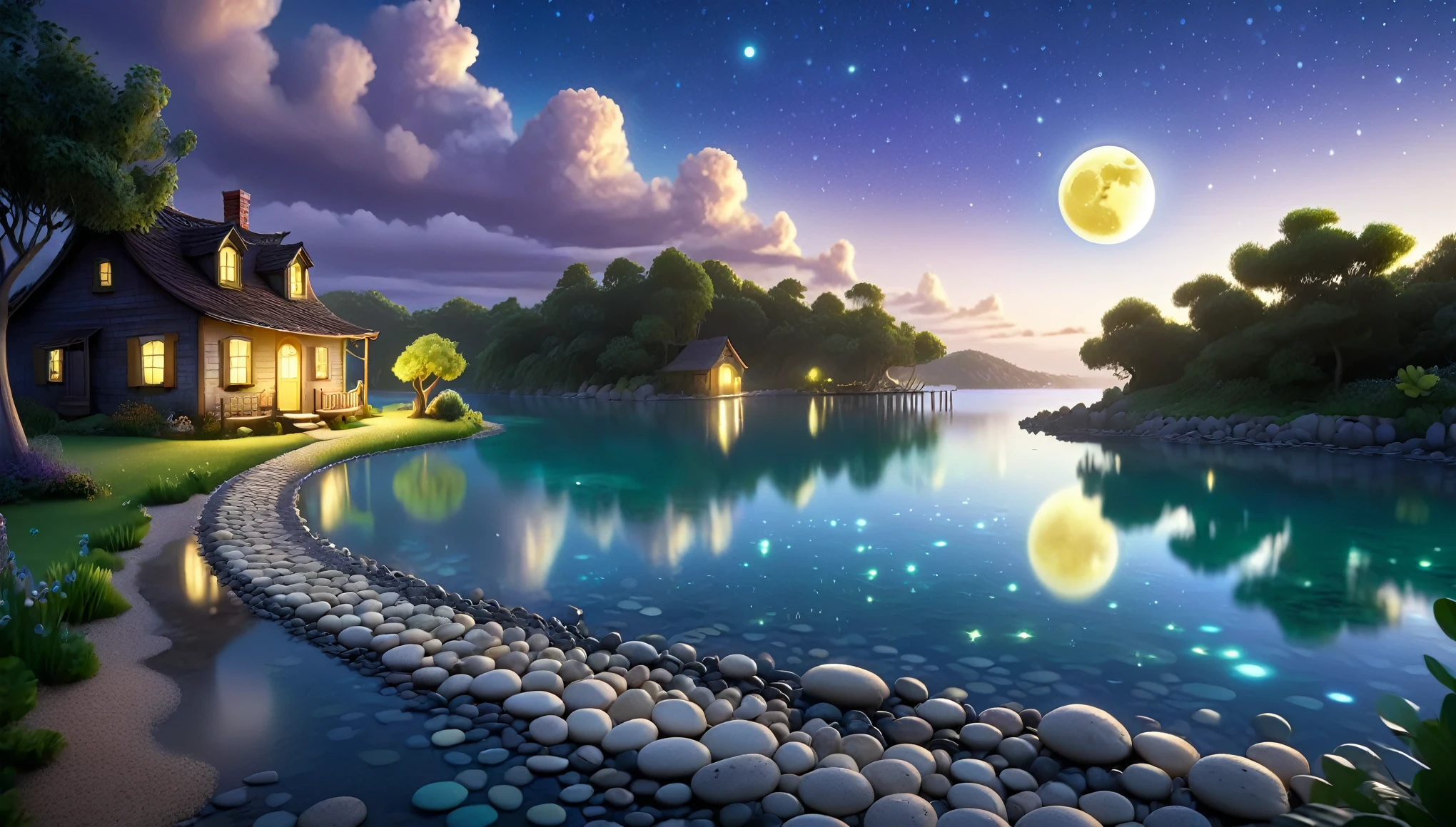 A beautiful calm and peaceful lagoon that reflects the brightness of the stars and moonlight, the stars and the moon have a yellow hue in a starry sky at the bottom of the lagoon cutting horizontally through the landscape we see a little road made of shiny pebbles that passes in front of the little house of a farm. disney pixar style