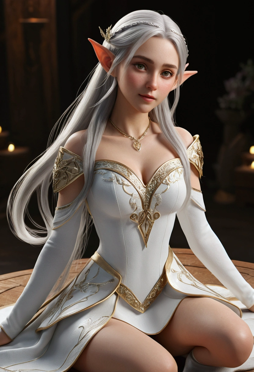 ((best quality)), ((Masterpiece)), (details:1.4), 3d, Beautiful elf girl, Western European style.,cute little ,perfect body,(squatting)(silver hair,double ponytail:1.9),(princess dress:1.6)(Flat sandals:1.6)Fantasy style,close up of face,Very normal hands,Legs are very normal.,HDR(high dynamic range),Ray traching,nvidia RTX,high resolution,Not true 5,subsurface scattering、PBR texture、After the process、Anisotropy filtering、Maximum depth of field and sharpness of every surface layer、Albedo and Specular Maps、surface coloring、Accurate simulation of light-material interactions、perfect proportions、Displayed with octane value、Two-color light、large aperture、Low ISO value、white balance、Third rule、8K raw data