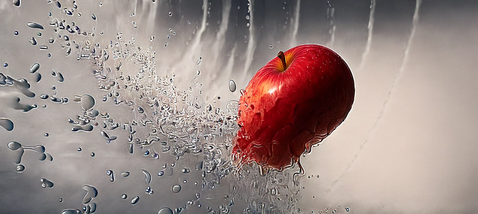 a close up of a red apple with water splashing off it, slow - mo high speed photography, high speed photography, super high speed photography, professional fruit photography, red apple, 4 k hd wallpapear, splashing, water splashing, super slowmotion, profile pic, simulation of water splashes, pouring, product photography 4 k, water particules