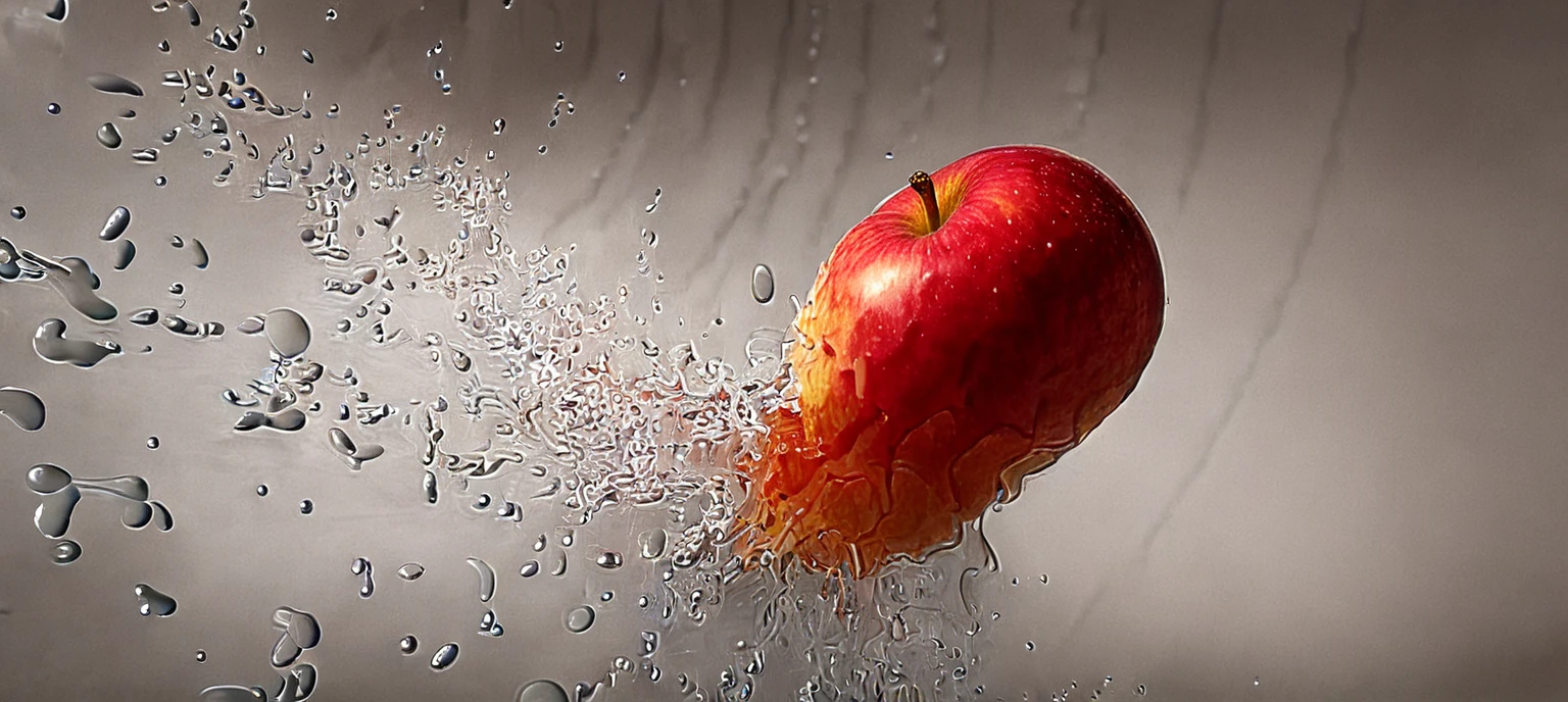 a close up of a red apple with water splashing off it, slow - mo high speed photography, high speed photography, super high speed photography, professional fruit photography, red apple, 4 k hd wallpapear, splashing, water splashing, super slowmotion, profile pic, simulation of water splashes, pouring, product photography 4 k, water particules