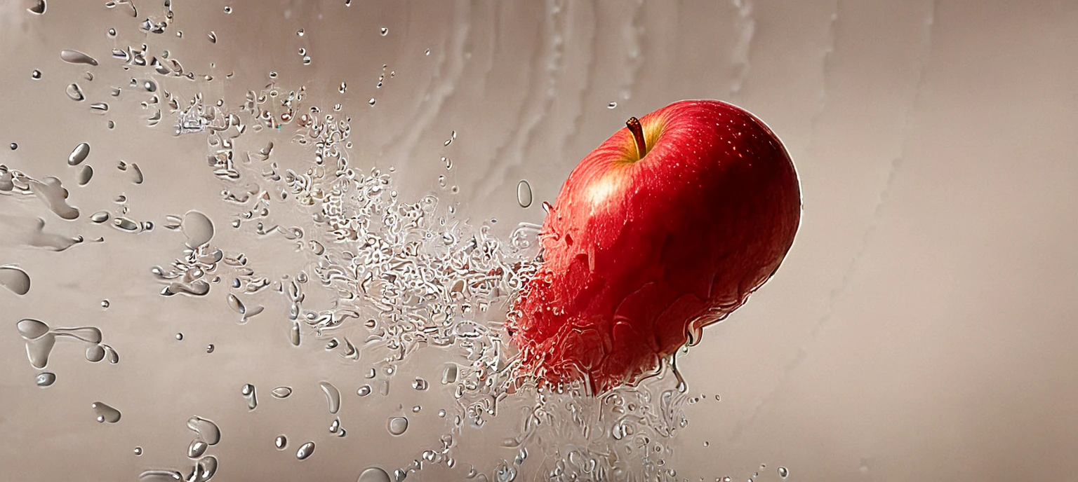 a close up of a red apple with water splashing off it, slow - mo high speed photography, high speed photography, super high speed photography, professional fruit photography, red apple, 4 k hd wallpapear, splashing, water splashing, super slowmotion, profile pic, simulation of water splashes, pouring, product photography 4 k, water particules