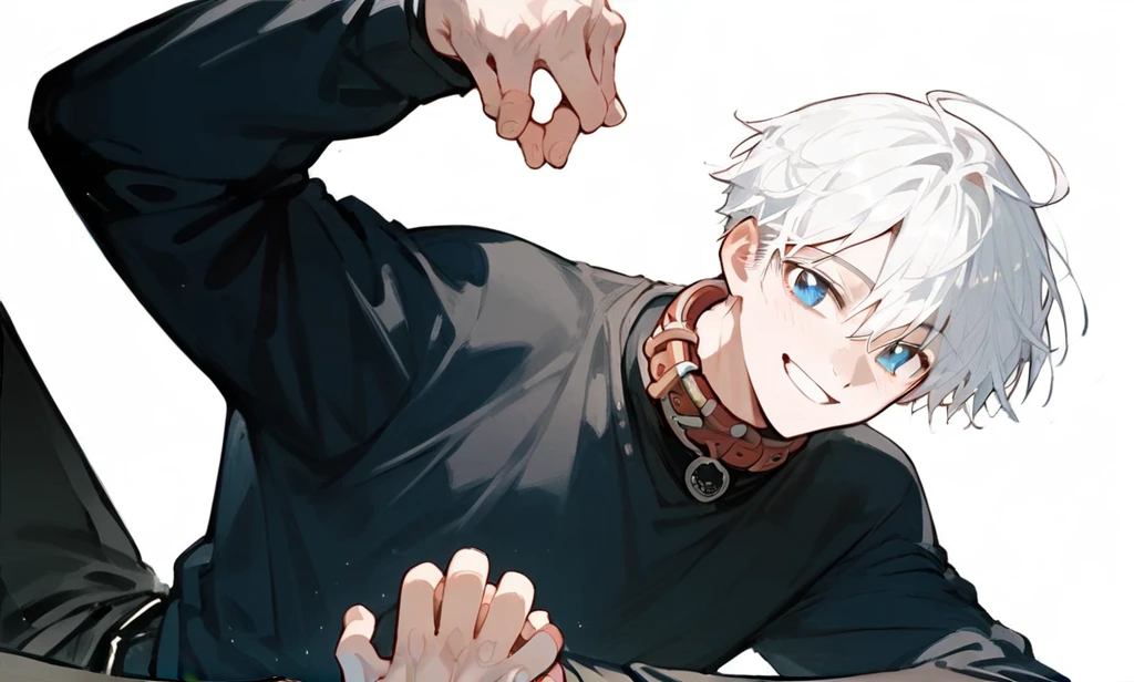 Man (short white hair) wearing a black shirt (blue eyes (smiling softly (shirt sleeves folded) wearing black trousers (hand pose holding the collar of his black shirt sleeve) white background