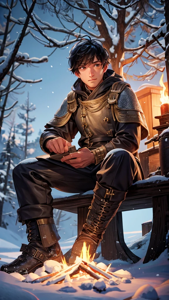 a men sitting on wood in snow with fire camp , detailed men, detailed wood , detailed fire, detailed camp, detailed night, best quality, highly detailed, masterpiece, 8k scene.