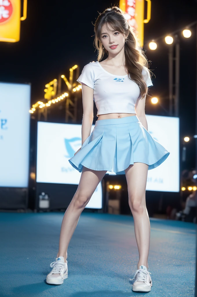 (((best quality))),(((ultra detailed))),(((masterpiece))),illustration,((a beautiful girl,solo)),(shoulder length straight hair:1.2),((slim,thin)),((small breasts,flat chest,claviclis,navel)),(blue short-sleeved white shirt:1.5),(blue mini-skirt:1.3),(slender legs:1.2),(sneakers:1.3),(standing:1.3),(arms behind back:1.3),(on the stage:1.3),((outside a shopping mall, at the entrance of a beer promotional event)),((surrounded by crowded crowds)),((hair and skirt fluttering in the air)),expressive eyes,infectious smile,the stage adorned with colorful decorations,vibrant atmosphere,(night scene:1.3),(from front:1.3),(full body:1.3),