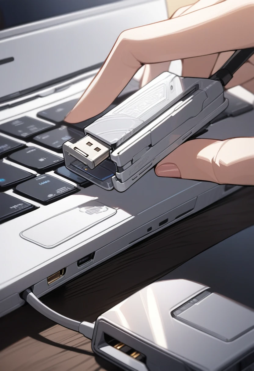 ((background only)),masterpiece, best quality, extremely detailed, ultra detailed, flat anime, 2D, close-up of a female hand, inserting a USB flash memory into a sliver laptop's side USB port, laptop keyboard is visible, the USB flash memory has a black casing,