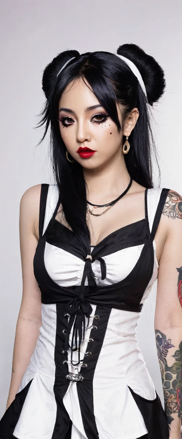 Draw an Asian female character called Mya Aeon, with a sweet and delicated face and dressed in the style of singer Destroy X from the band Angelspit