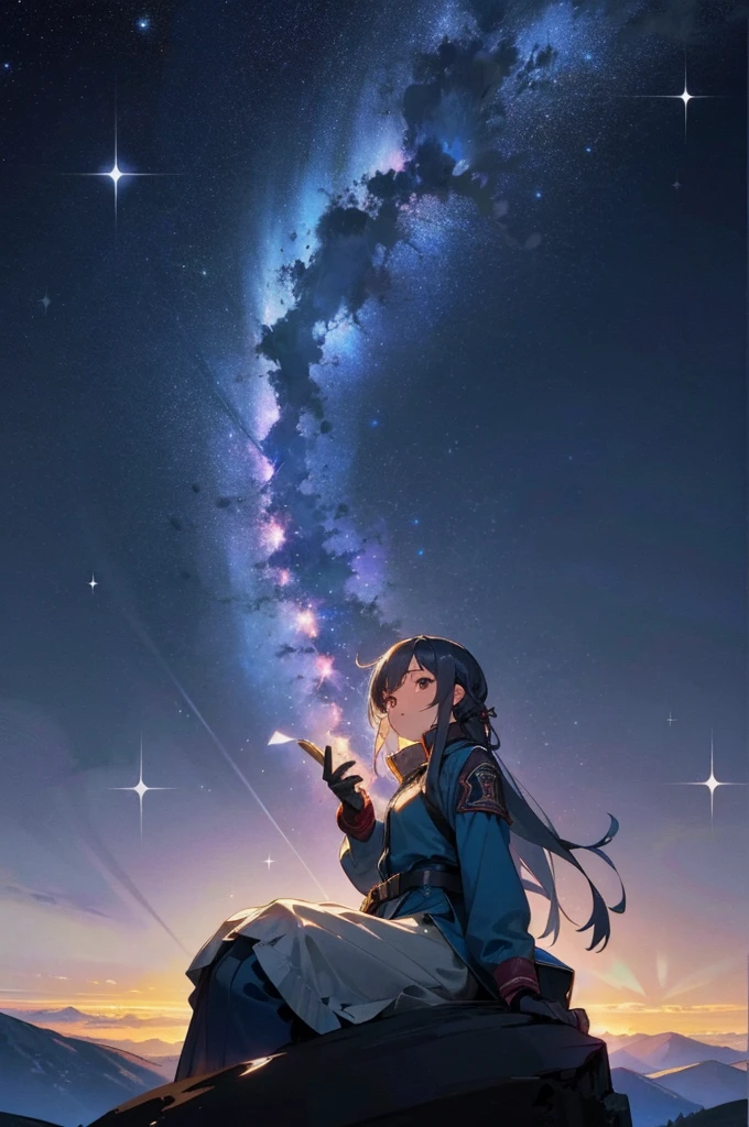 Beautiful girl, At the top of the mountain, Night view, Night Sky, Starry Sky, Asahi