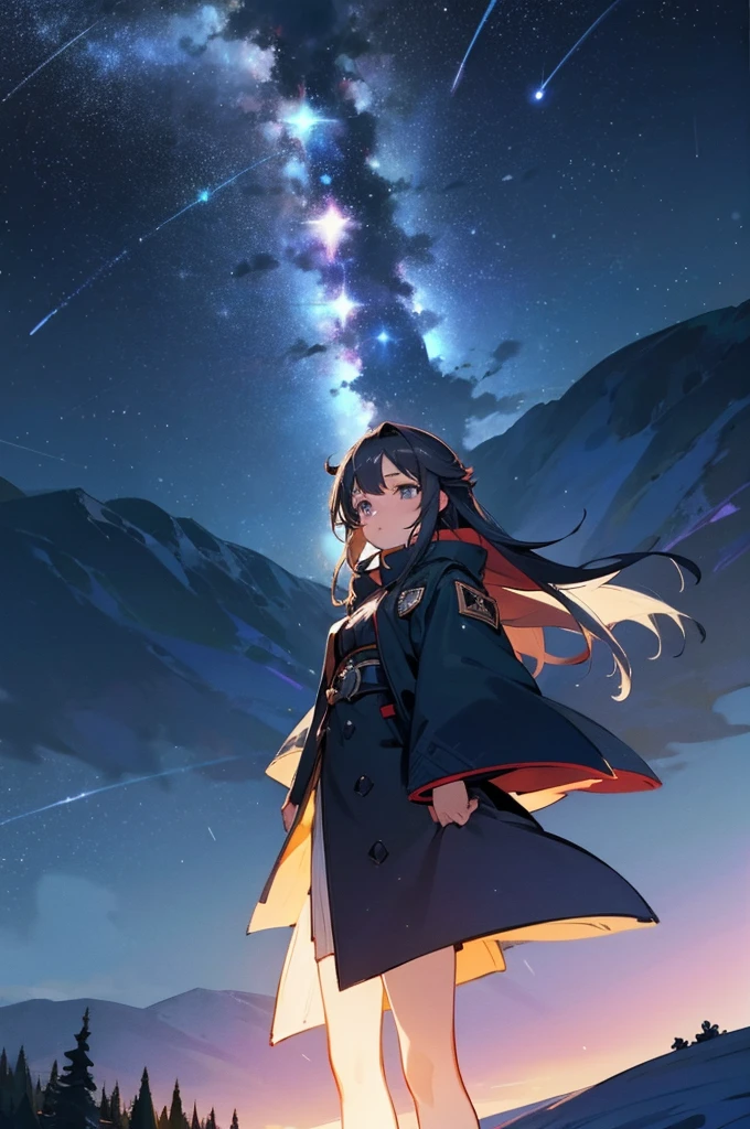 Beautiful girl, At the top of the mountain, Night view, Night Sky, Starry Sky, Asahi