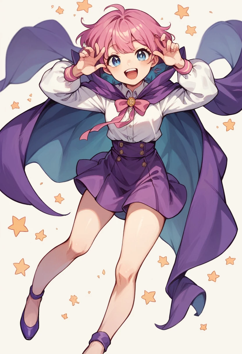 cute short young with long pink hair, blue eyes, white shirt, purple cape, purple skirt, purple heels, happy