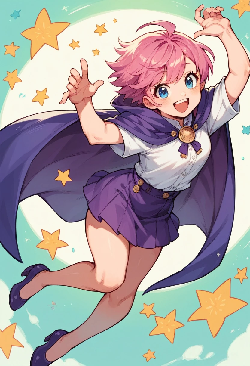 cute short young with long pink hair, blue eyes, white shirt, purple cape, purple skirt, purple heels, happy