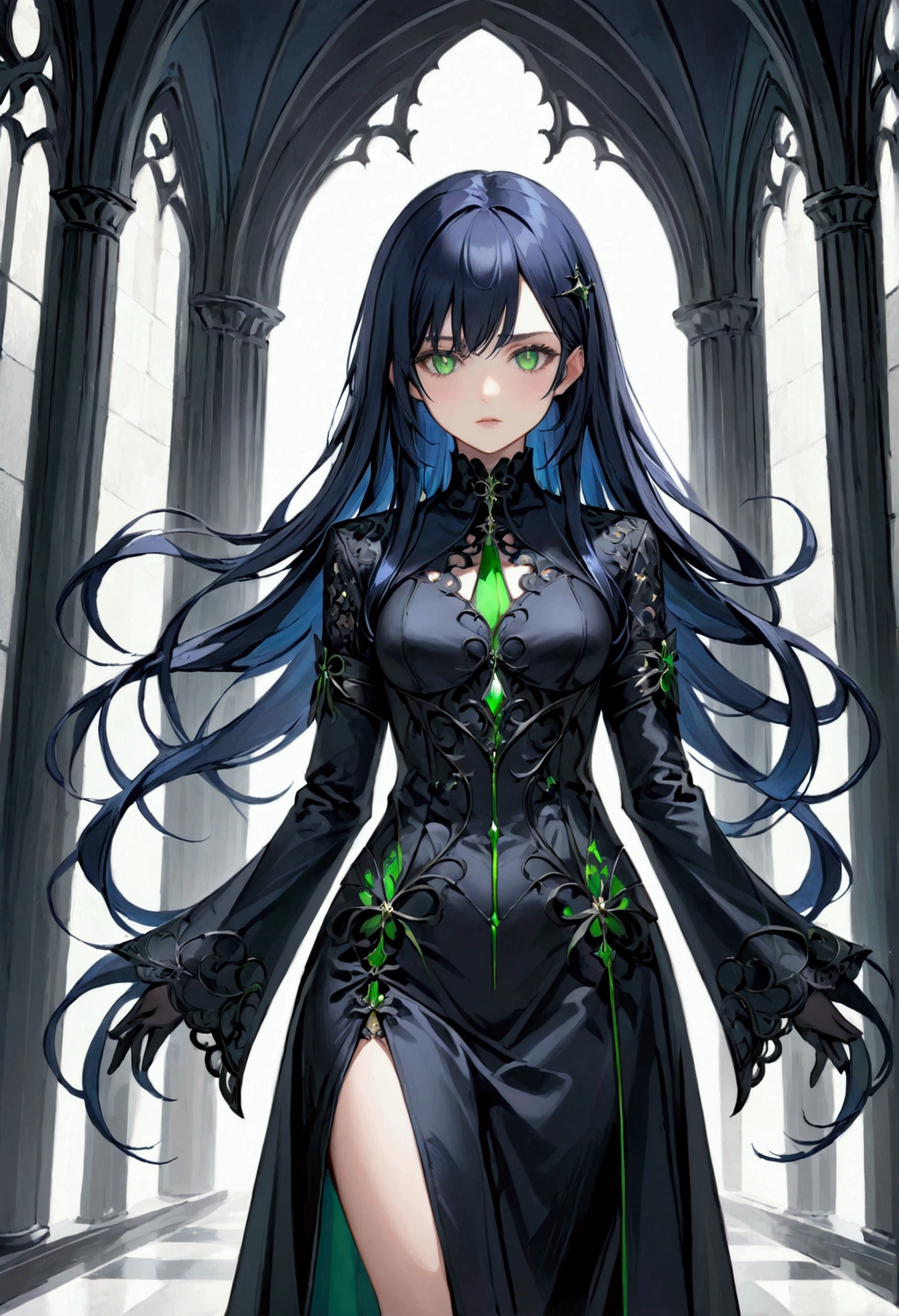 Girl with dark blue hair, green eyes,tall rectangular body figure, mature, gothic clothes