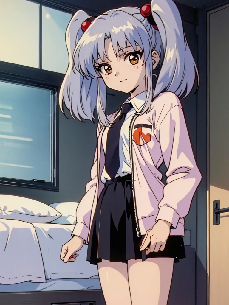 NFSW, (Masterpiece, Top Quality), 1 girl, RH, アニメ, 13-year-old, bedroom with lights out, standing, from front, high definition, Japan, smile, (silver hair), twin tails, medium hair, red hair bobbles, hair ornament, long sleeves, white shirt, necktie, collared shirt, orange jacket, black skirt, 1990s anime style,  Small breasts