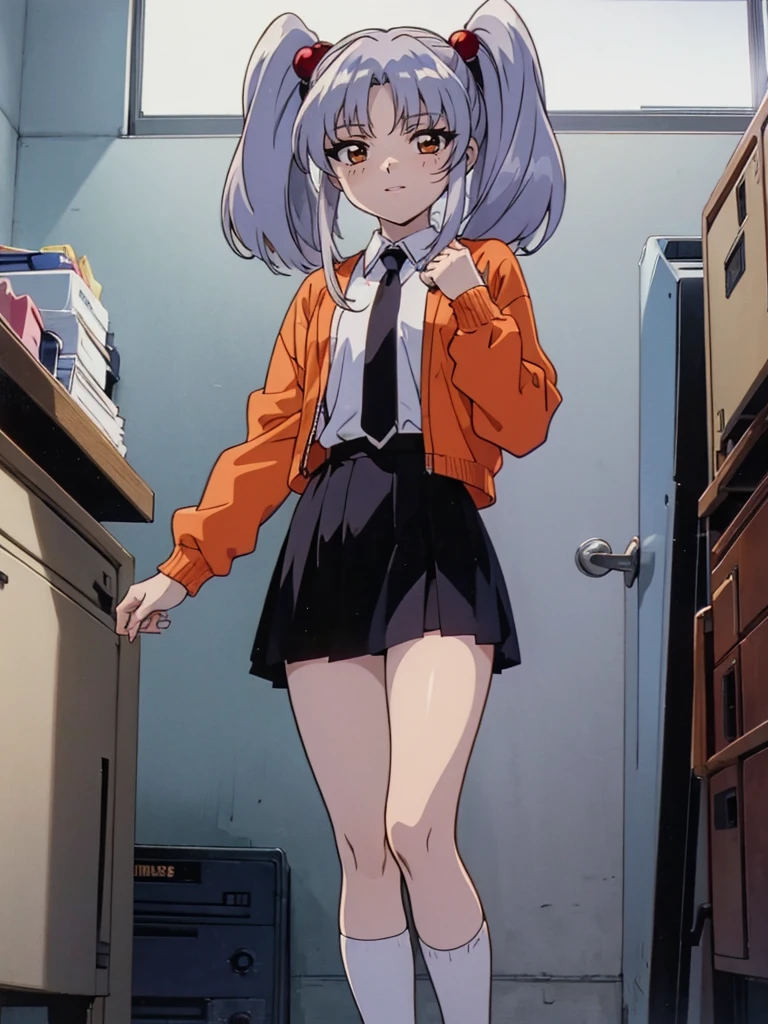 NFSW, (Masterpiece, Top Quality), 1 girl, RH, アニメ, 13-year-old, bedroom with lights out, standing, from front, high definition, Japan, smile, (silver hair), twin tails, medium hair, red hair bobbles, hair ornament, long sleeves, white shirt, necktie, collared shirt, orange jacket, black skirt, 1990s anime style,  Small breasts