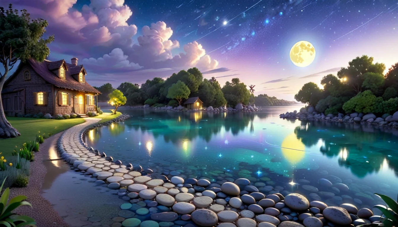 A beautiful calm and peaceful lagoon that reflects the brightness of the stars and moonlight, the stars and the moon have a yellow hue in a starry sky at the bottom of the lagoon cutting horizontally through the landscape we see a little road made of shiny pebbles that passes in front of the little house of a farm. disney pixar style