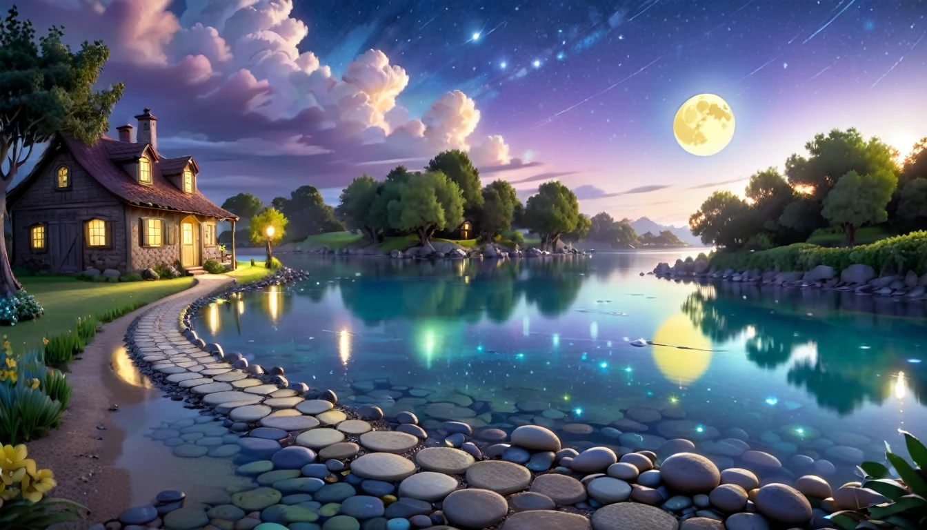 A beautiful calm and peaceful lagoon that reflects the brightness of the stars and moonlight, the stars and the moon have a yellow hue in a starry sky at the bottom of the lagoon cutting horizontally through the landscape we see a little road made of shiny pebbles that passes in front of the little house of a farm. disney pixar style