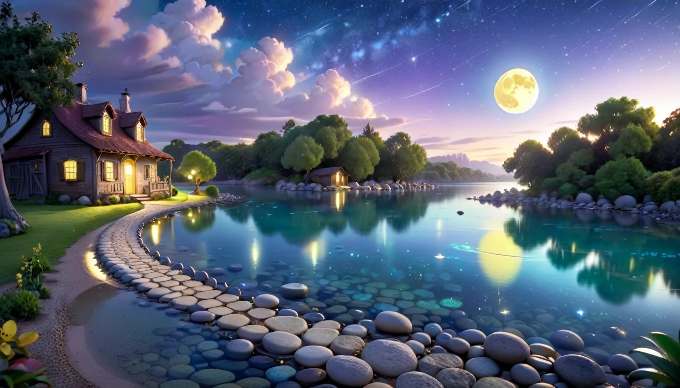 A beautiful calm and peaceful lagoon that reflects the brightness of the stars and moonlight, the stars and the moon have a yellow hue in a starry sky at the bottom of the lagoon cutting horizontally through the landscape we see a little road made of shiny pebbles that passes in front of the little house of a farm. disney pixar style