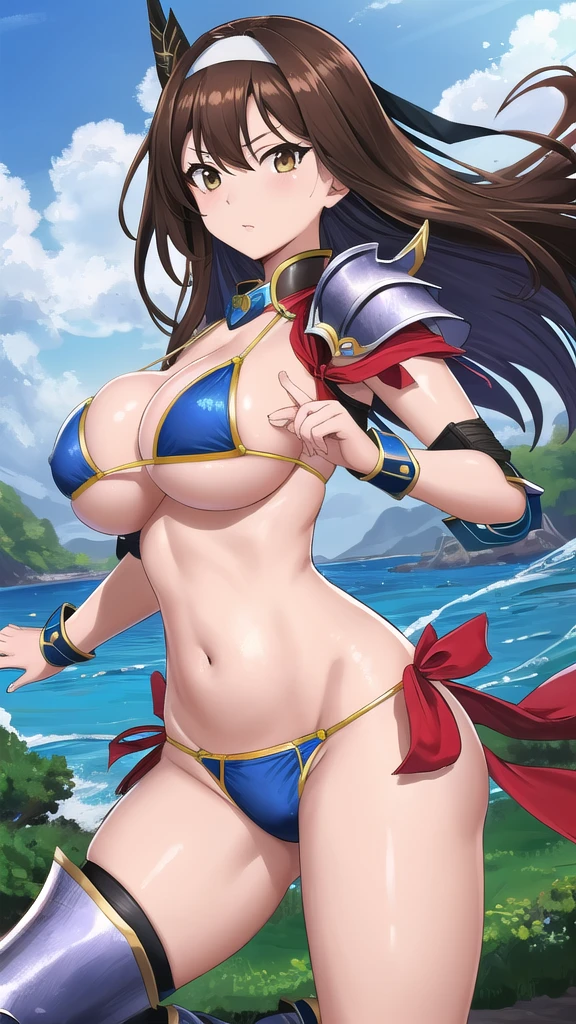 Art inspired by Masamune Shirow,  Armor Girl, Bikini Armor, Bikini Armor, Bikini Armor female knight, Bikini Armor, tits, Knight Girl, tits、Intense movement,topless, White thighs,Vertical belly button、Skin radiance,Brown hair,White headband