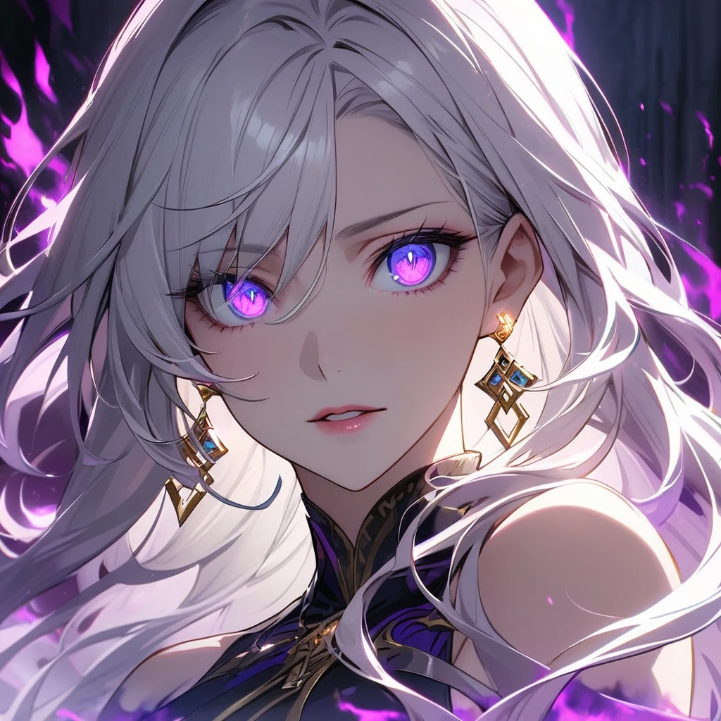 woman, blue eyes, long hair, white hair, mature, god eyes, diamond earings, glowing right eyes, two colors eyes, purple eyes, dark aura,