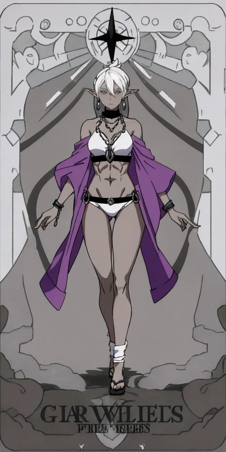 Appearance
Gender: Female
Age: Mature
Race: Drow (elf with dark skin and white hair)
Height: Full-body
Skin: Gray
Skin: Gray
Background: Plain Gray
Eyes: Purple
Attire: Bikini, revealing abdominal muscles
Accessories: Large earrings, ragged rags, chain necklace