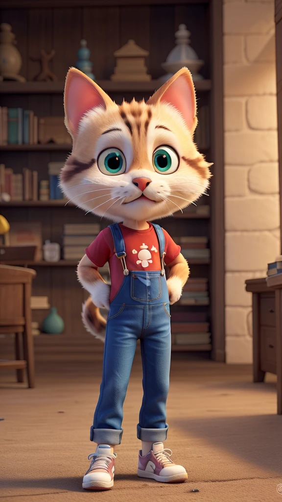 3D cartoon cat, wearing a red t-shirt, denim overalls, and white sneakers, reaching for an ancient, dusty book with strange symbols on a dimly lit bookshelf.