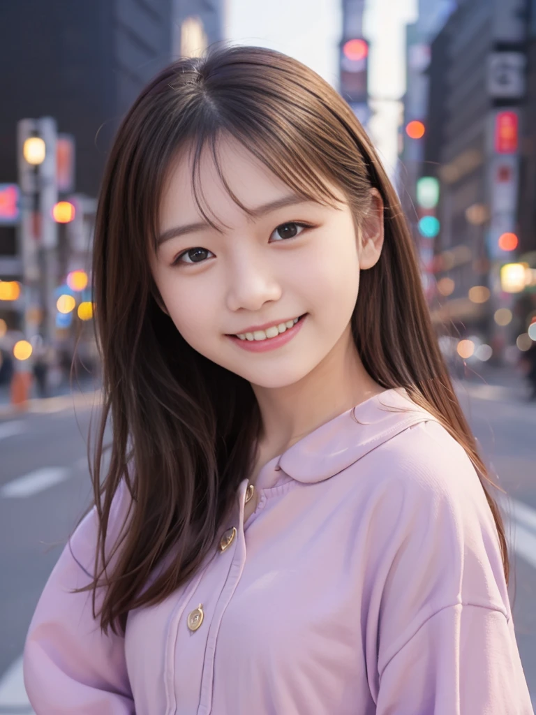 Photorealistic, 8k full-length portraits, Beautiful Women, A charming expression, , TOKYO city, Shibuya in the background smile, front teeth, background light purple