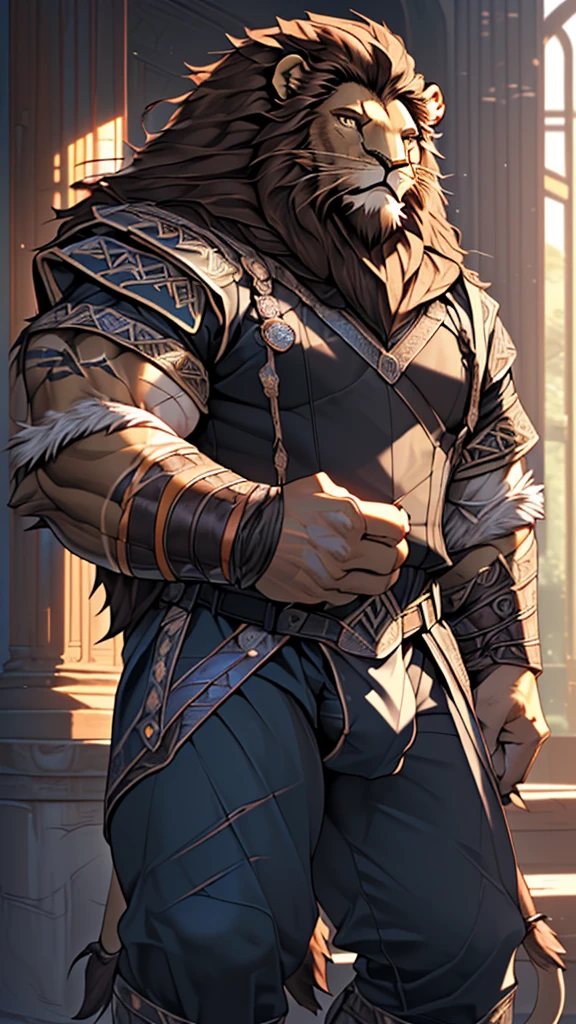 (masterpiece),(highres),(intricate details:1.4),extremely detailed,(illustration:1.2),8k,photorealistic,exquisite,(daddy:1.5),aged,(elder male lion:1.7),muscular,(Viking warrior:1.5),(brave and powerful:1.5),manhood,warrior,long hair,long beard,(numerous scars),(bulging crotch:1.8),(homosexual:1.5),(roaring:1.5),(a uniform that fits snugly against the body:1.6)