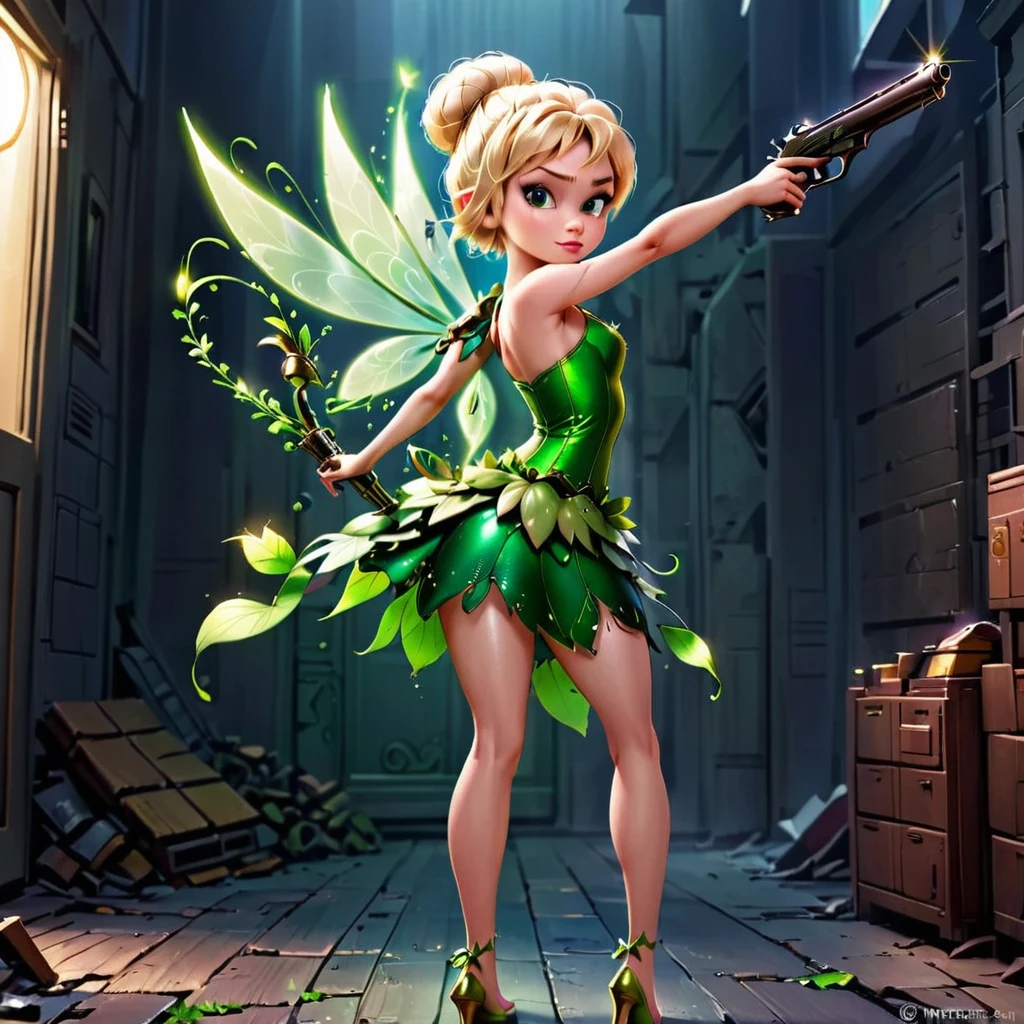 evil Tinkerbell with tattoos and a gun. wears military clothing