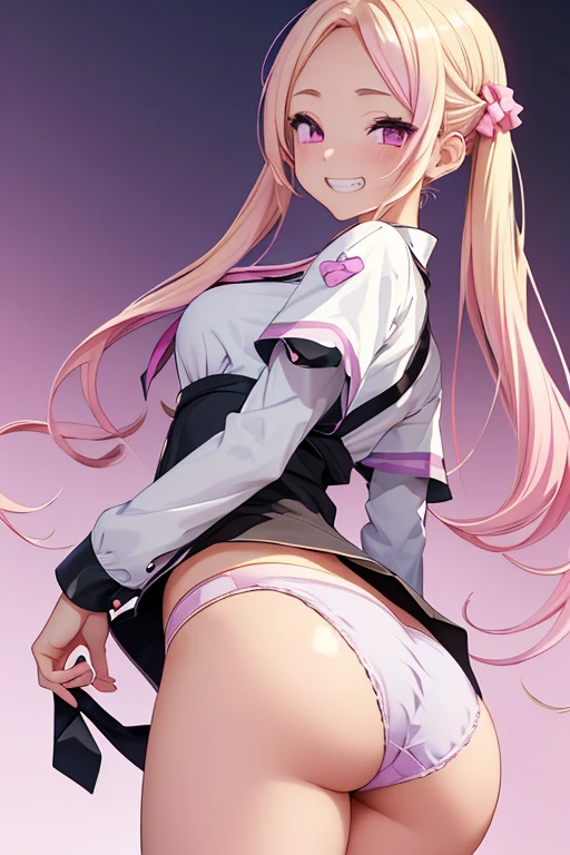 Realistic、masterpiece, 1house wife、blonde hair、twin tail, red eyes, (eye focus:1.3,face focus),(Gradient eyes:1.3),(sexy panties)、open mouth,(grin:1.3),forehead,cute face、((Thick thighs、Beautiful thighs)), A condescending gaze on the viewer,((Raise your arms, Expose your armpits)), Wrestler