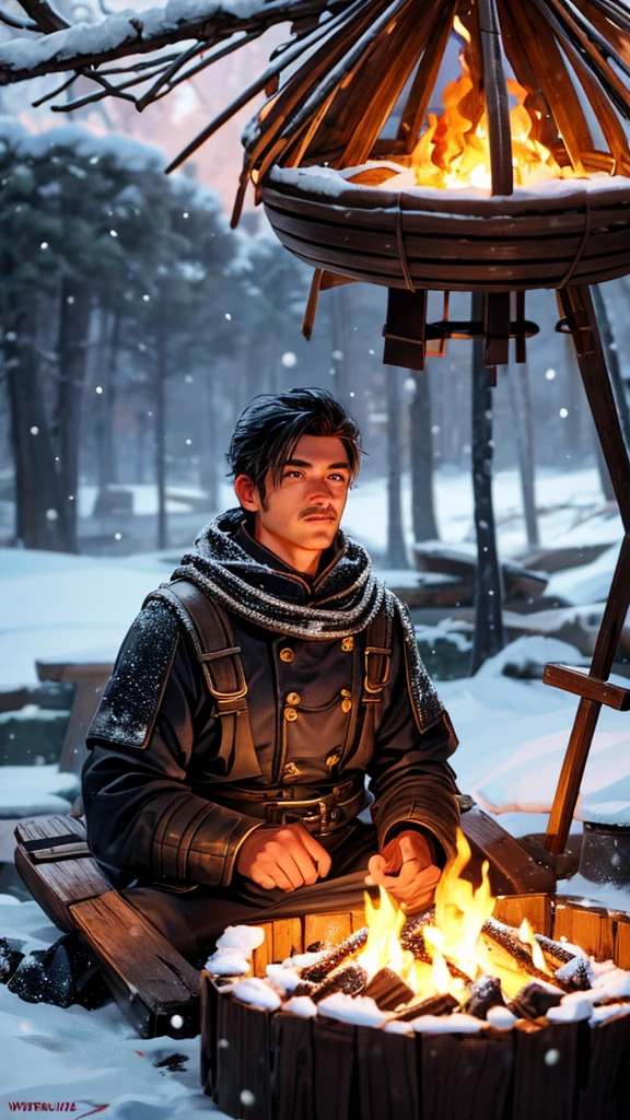 a men sitting on wood in snow with fire camp , camera focus from far, detailed men, detailed wood , detailed fire, detailed camp, detailed night, best quality, highly detailed, masterpiece, 8k scene.