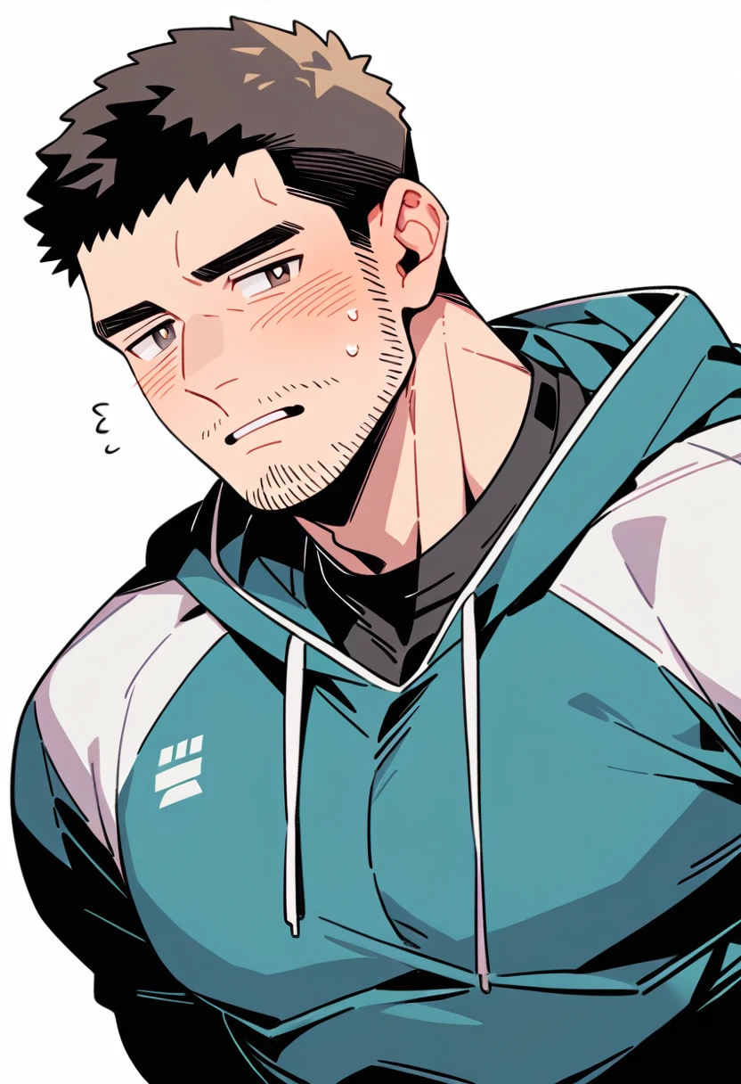 anime characters:Chris Redfield, Muscle Sports Student, Buzz Cut, Manliness, male focus, Sports tight hooded sweatshirt, Wear a black high-necked tights inside, Very tight, full and perky chest muscles, muscular male, muscular, only, Upper body, alone, Red short hair, Thick eyebrows, stubble, Brown-red pupils, White background, simple background, amazing quality, best aesthetics, Ridiculous, crew cut, parted lips, flustered, endured face, shy, blush, negative space, best quality