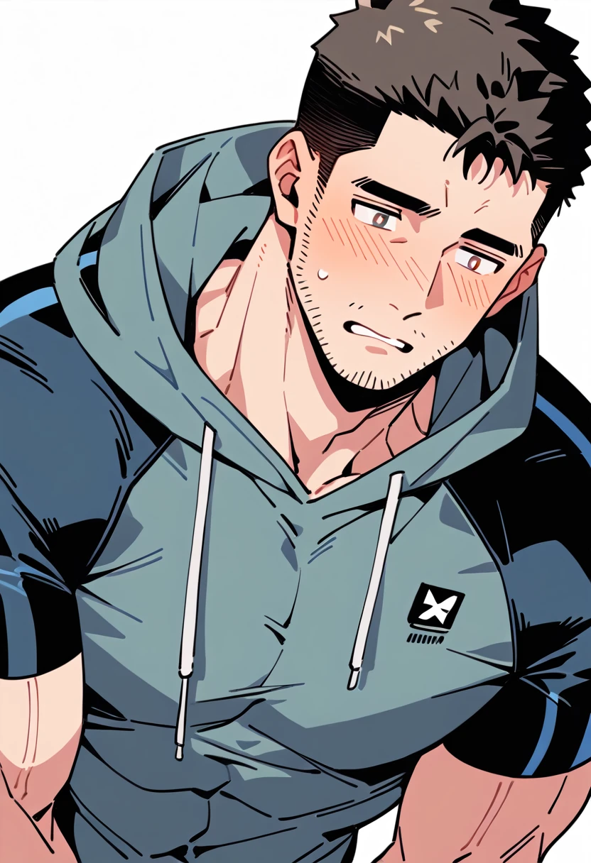 anime characters:Chris Redfield, Muscle Sports Student, Buzz Cut, Manliness, male focus, Sports tight hooded sweatshirt, Wear a black high-necked tights inside, Very tight, full and perky chest muscles, muscular male, muscular, only, Upper body, alone, Red short hair, Thick eyebrows, stubble, Brown-red pupils, White background, simple background, amazing quality, best aesthetics, Ridiculous, crew cut, parted lips, flustered, endured face, shy, blush, negative space, best quality