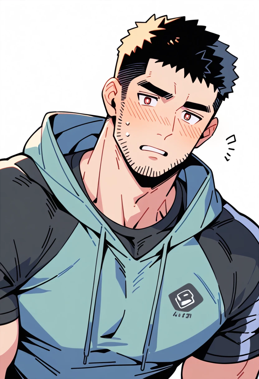 anime characters：Chris Redfield, Muscle Sports Student, Buzz Cut, Manliness, male focus, Sports tight hooded sweatshirt, Wear a black high-necked tights inside, Very tight, full and perky chest muscles, muscular male, muscular, only, Upper body, alone, Red short hair, Thick eyebrows, stubble, Brown-red pupils, White background, simple background, amazing quality, best aesthetics, Ridiculous, crew cut, parted lips, flustered, endured face, shy, blush, negative space, best quality