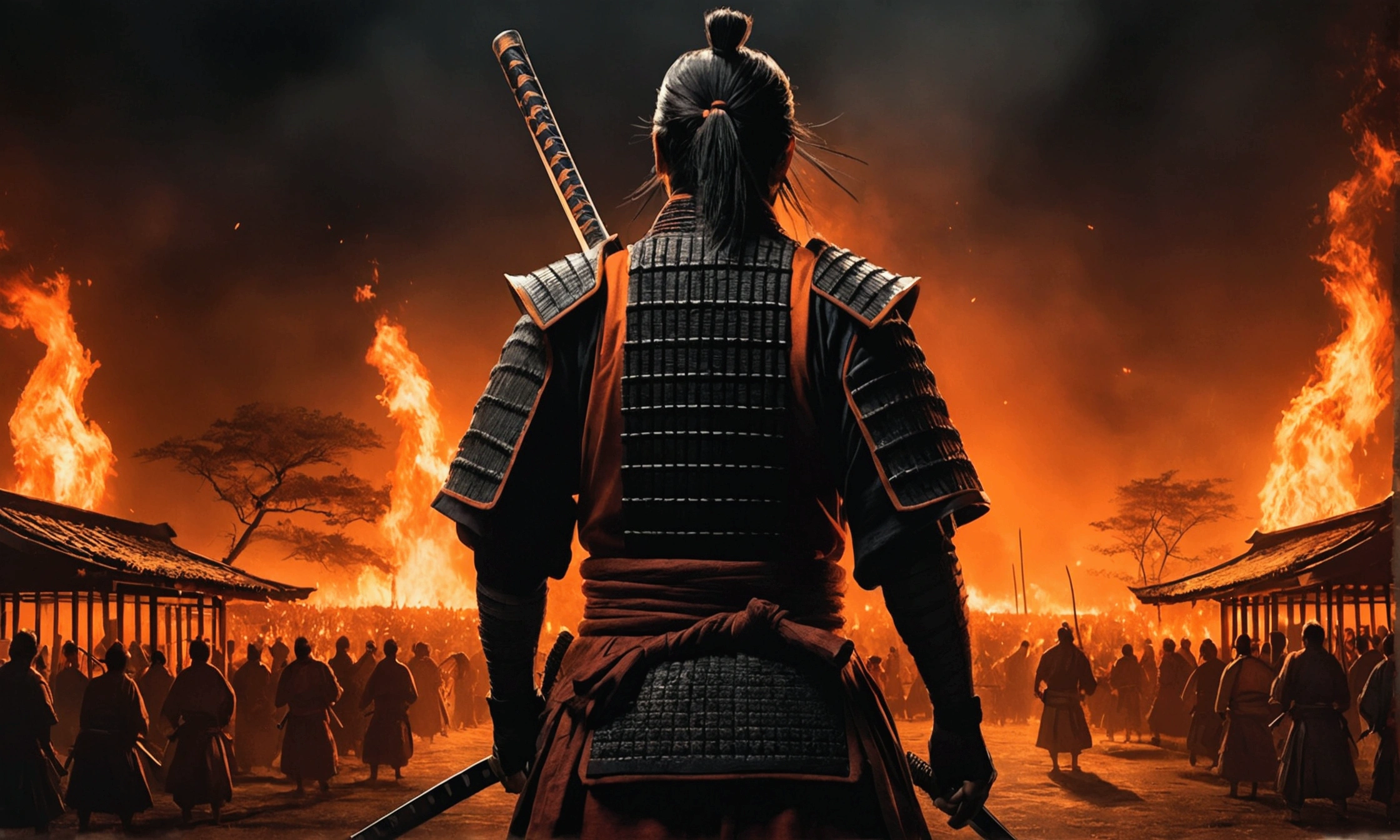 a samurai standing in foreground showing his back holding katana and watching towars the village burning and few people are inside the cages, the atmosphere is dark and scary, the tone is orange and dynamic lighting and reflexes rtx