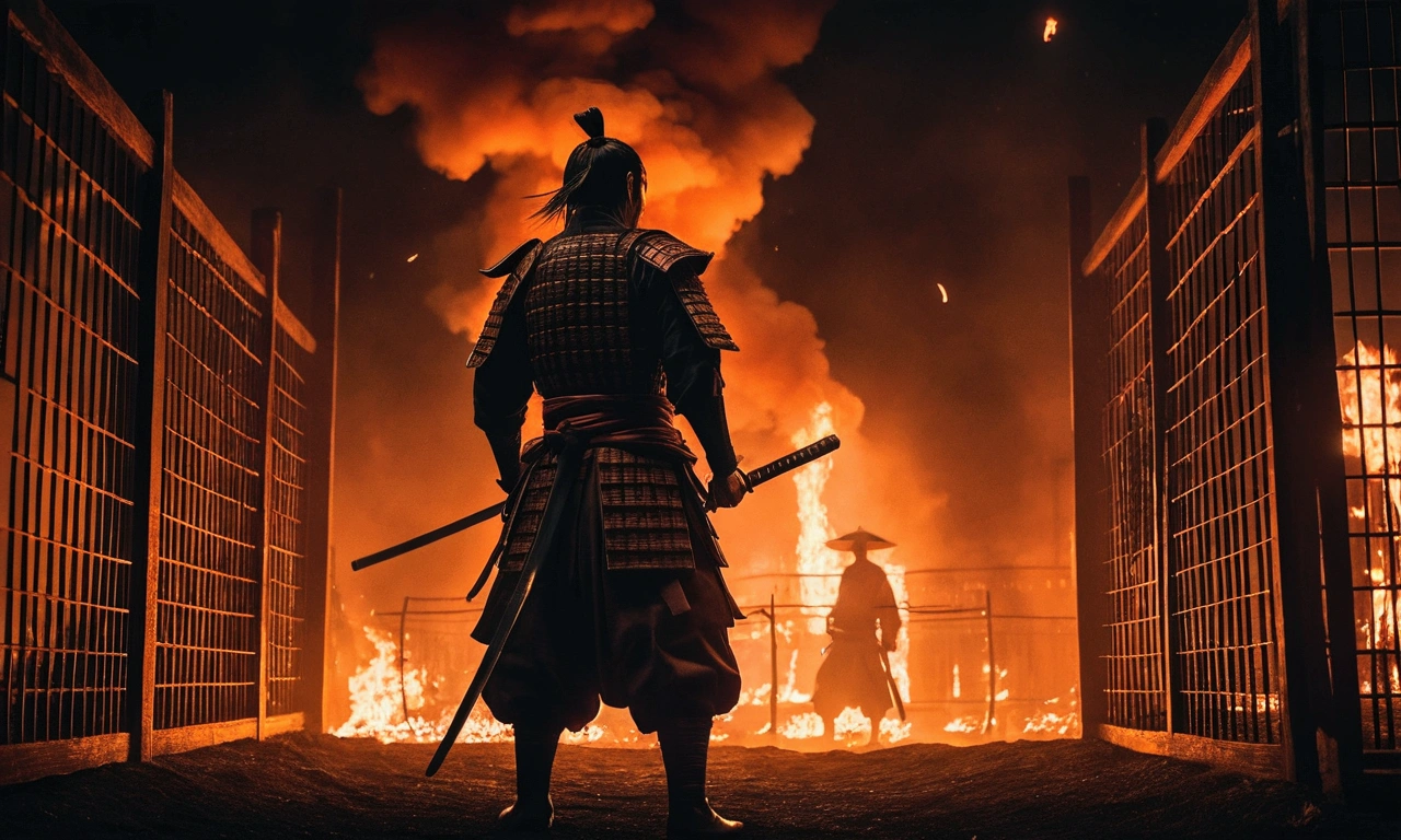 a samurai standing in foreground showing his back holding katana and watching towars the village burning and few people are inside the cages, the atmosphere is dark and scary, the tone is orange and dynamic lighting and reflexes rtx