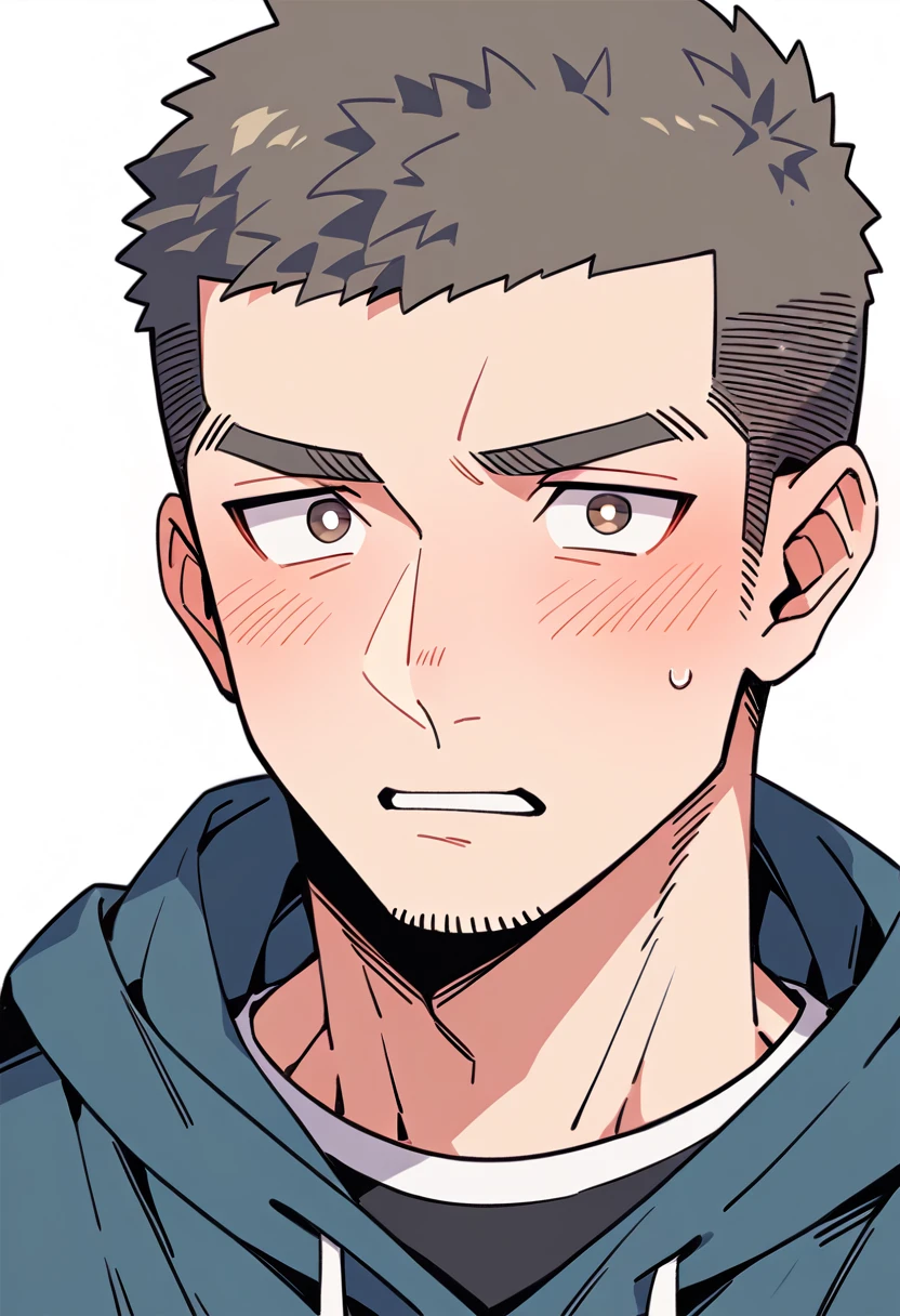 anime characters：Priapus, Muscle Sports Student, Buzz Cut, Manliness, male focus, Sports tight hooded sweatshirt, Very tight, full and perky chest muscles, muscular male, muscular, only, Upper body, alone, Red short hair, Thick eyebrows, stubble, Brown-red pupils, White background, simple background, amazing quality, best aesthetics, Ridiculous, crew cut, parted lips, flustered, endured face, shy, blush, negative space, best quality