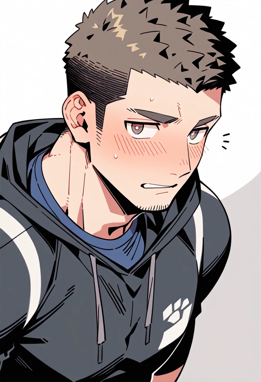 anime characters:Priapus, Muscle Sports Student, Buzz Cut, Manliness, male focus, Sports tight hooded sweatshirt, Very tight, full and perky chest muscles, muscular male, muscular, only, Upper body, alone, Red short hair, Thick eyebrows, stubble, Brown-red pupils, White background, simple background, amazing quality, best aesthetics, Ridiculous, crew cut, parted lips, flustered, endured face, shy, blush, negative space, best quality