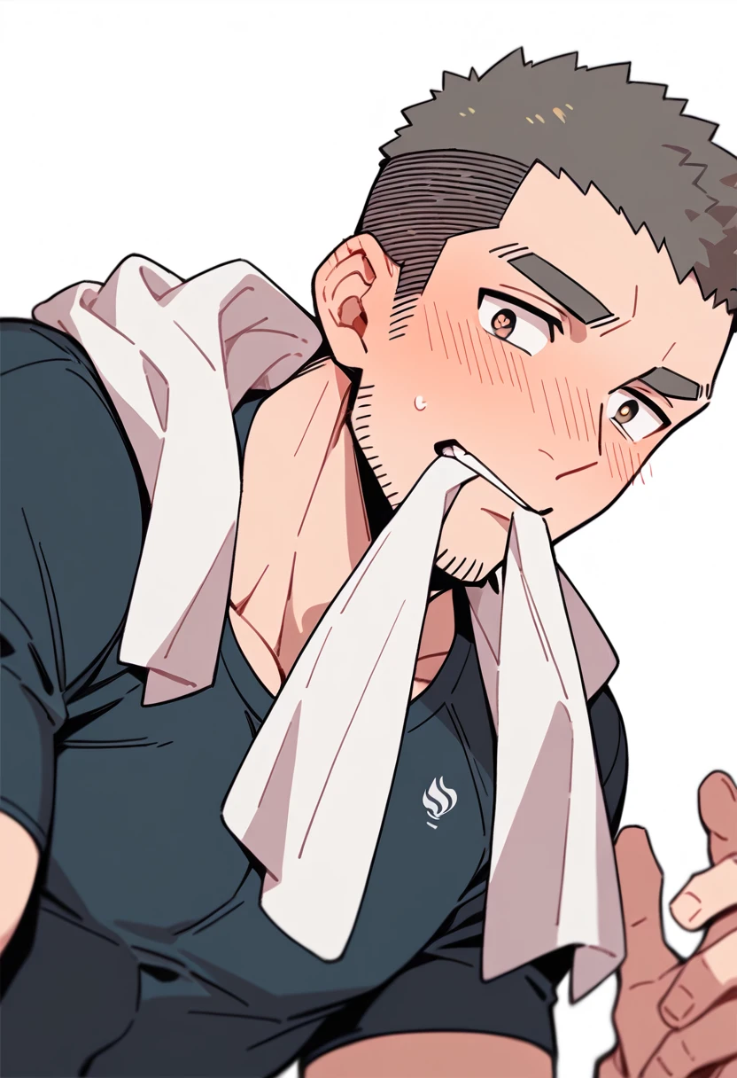 anime characters:Priapus, Muscle Sports Student, Buzz Cut, Manliness, male focus, Sports tight hooded sweatshirt, Very tight, full and perky chest muscles, muscular male, muscular, only, Upper body, alone, Black short hair, Thick eyebrows, stubble, Brown-red pupils, White background, simple background, amazing quality, best aesthetics, Ridiculous, crew cut, blush, mouth hold, Mouth biting a white towel, embarrassed, shy, endured face, negative space, best quality