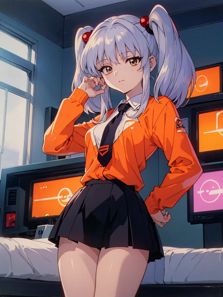 NFSW, (Masterpiece, Top Quality), 1 girl, RH, アニメ, 13-year-old, bedroom with lights out, standing, from front, high definition, Japan, smile, (silver hair), twin tails, medium hair, red hair bobbles, hair ornament, long sleeves, white shirt, necktie, collared shirt, orange jacket, black skirt, 1990s anime style,  Small breasts