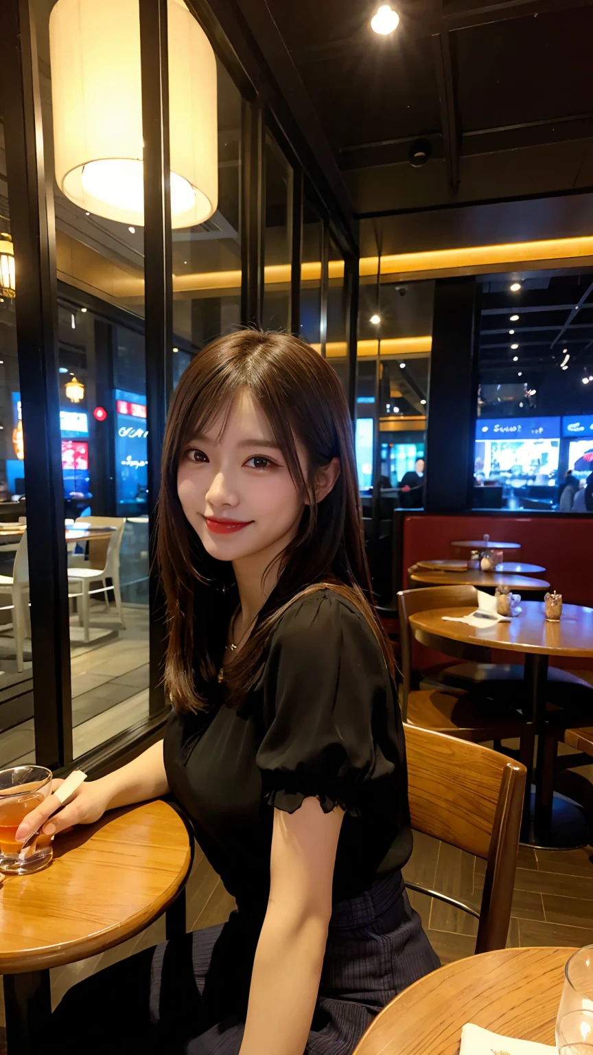highest quality, masterpiece, 8K, ultra high resolution, (realistic: 1.4), beautiful face, symmetrical eyes, Japanese, 20 years old, brown hair, smile, wearing makeup, high-definition images, atmospheric perspective, super detail, accurate, best quality, (angle from under the table), blouse, skirt:1.3) 1 girl, drooping eyes, sleepy face, blush, in the city, busy, skyscrapers, restaurant with large windows, takes a seat, night scene, windows have harbor view, foods, romantic dinner