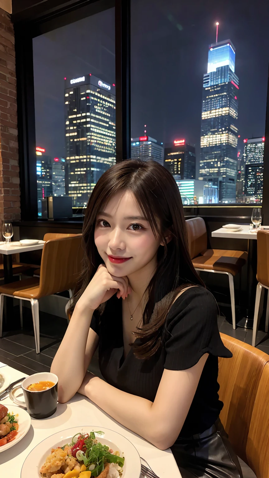 highest quality, masterpiece, 8K, ultra high resolution, (realistic: 1.4), beautiful face, symmetrical eyes, Japanese, 20 years old, brown hair, smile, wearing makeup, high-definition images, atmospheric perspective, super detail, accurate, best quality, (angle from under the table), blouse, skirt:1.3) 1 girl, drooping eyes, sleepy face, blush, in the city, busy, skyscrapers, restaurant with large windows, takes a seat, night scene, windows have harbor view, foods, romantic dinner