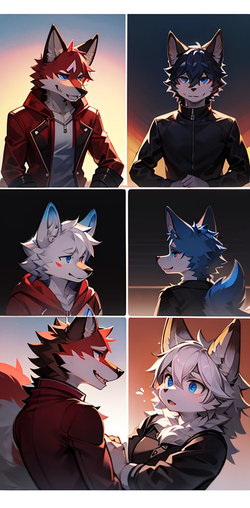 collage style,dark、Depression,Full of weird elements,Red wolf furry,Blue Eyes,Bow on the tail