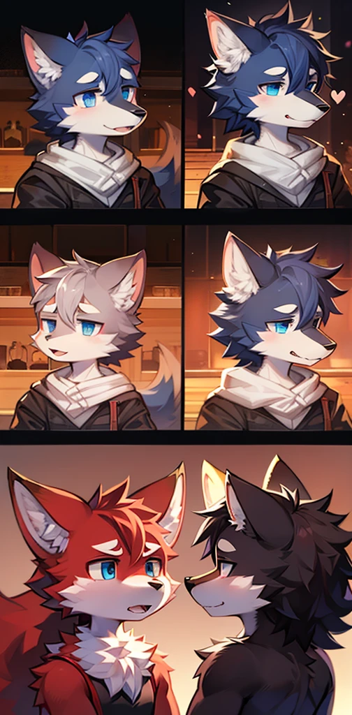collage style,dark、Depression,Full of weird elements,Red wolf furry,Blue Eyes,Bow on the tail