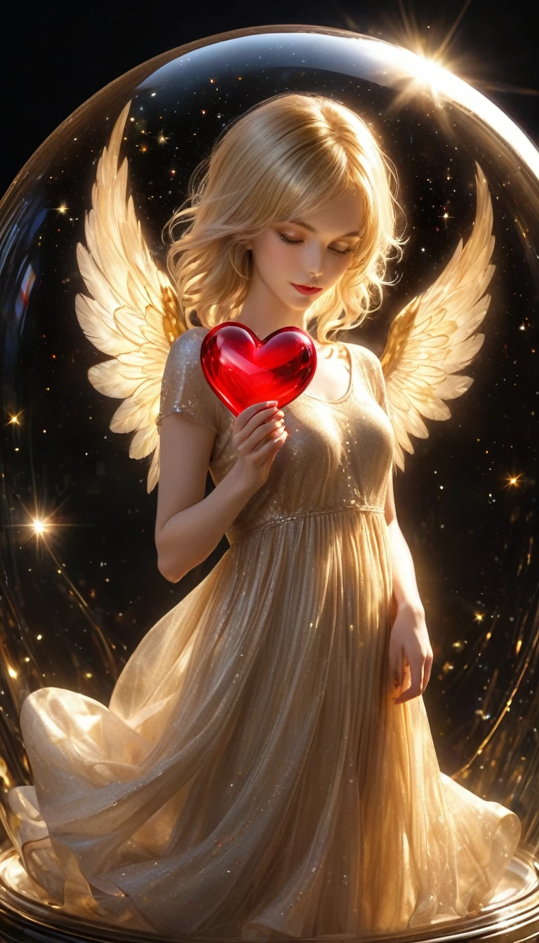 In a golden transparent glass bubble, Dark Star Background, Beautiful blonde 30 year old angel with a red heart, k resolution super detailed